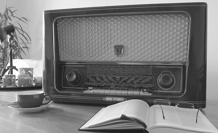 Radio, nostalgi, gamla, mottagare, musik, svart och vitt