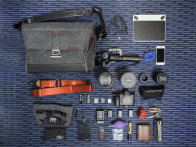 bossa, cinturó, Caixa, carregador de cable, càmera, telèfon mòbil, equips