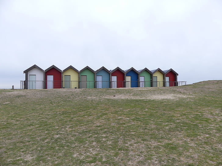 Playa, Cabañas de playa, junto al mar, Northumberland, Blyth, arquitectura
