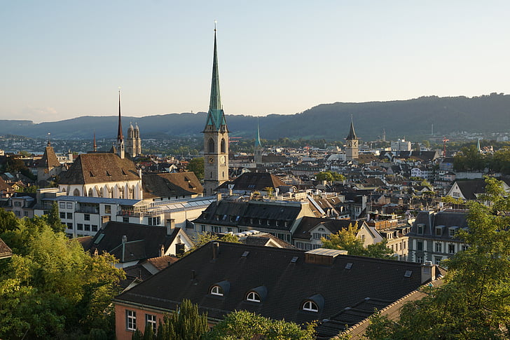 Zurich, Vecrīgā, baznīcas, Šveice, jumti, pilsēta, mājas