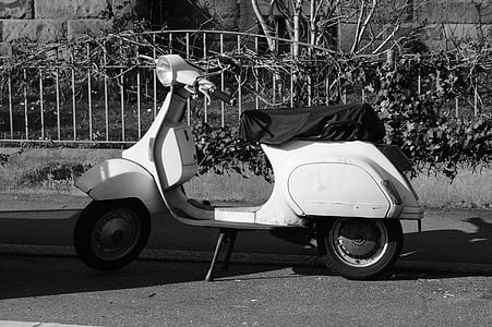 roller, vespa, wespa, black and white, motor Scooter, motorcycle, transportation