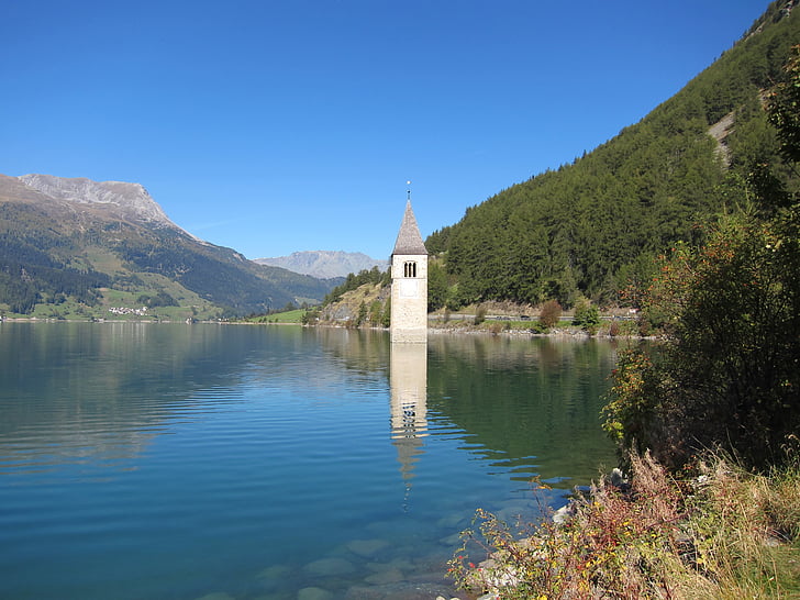 Reschensee, Reschen pass, el Tyrol del sur, Lago, campanario, bajo el agua