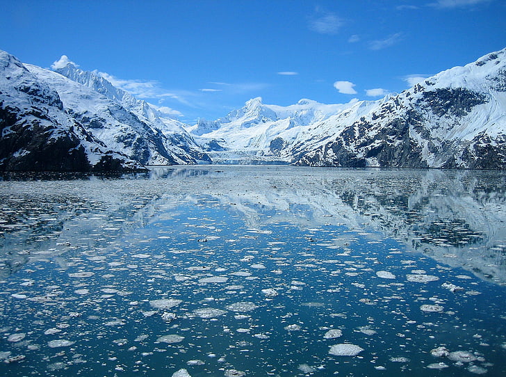 glacier bay, alaska, lake water, reflections, sky, clouds, mountains