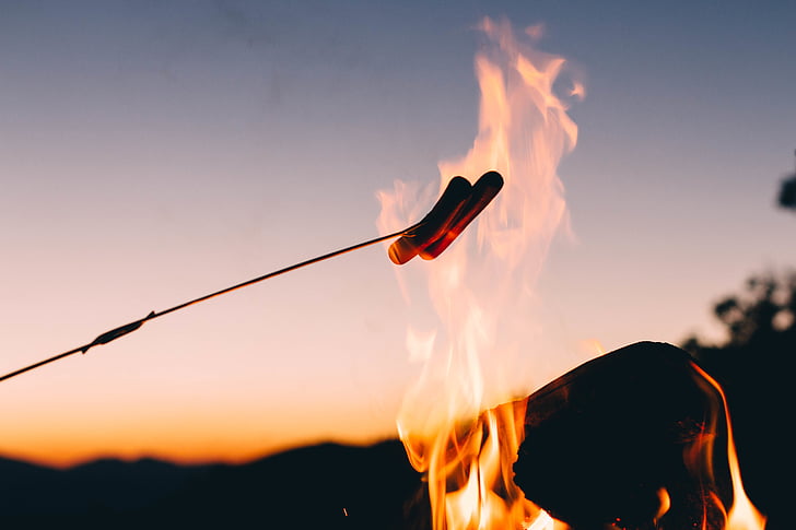 photo, sausages, stick, fire, burn, hot dog, sunset