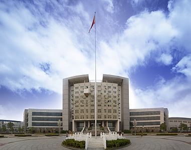 здание, Цзянси университет экономики и финансов, Библиотека, Информационный центр, Голубое небо, Национальный флаг, флаг