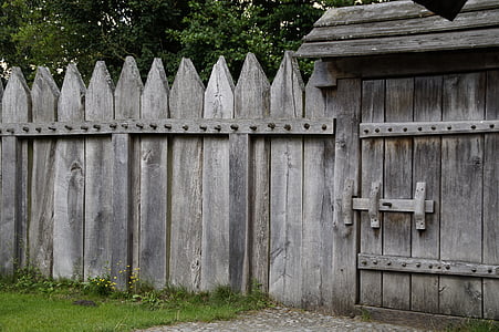 cerca, paliçada, porta, gol, fechado, cerca de madeira, paling