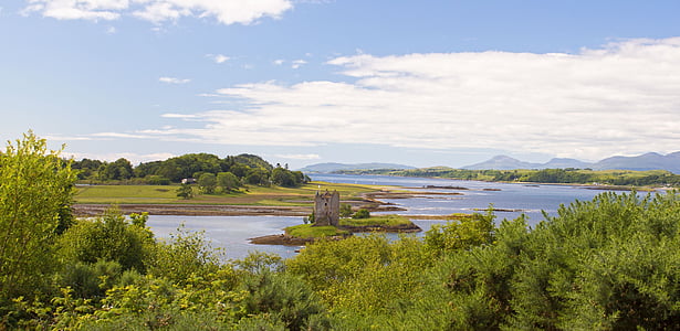 Шотландия, Замъкът Сталкер, замък, дупка, езеро, вода, пейзаж