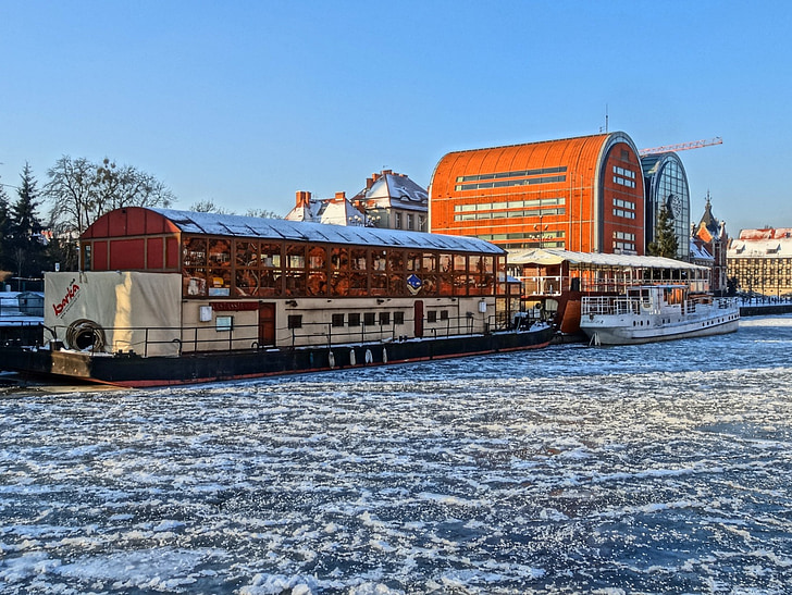 Bydgoszcz, bờ sông, Brda, sông, mùa đông, kiến trúc, Ba Lan