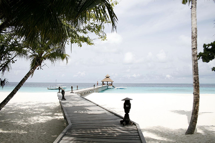 Beach resort, Pier, okyanus, plaj, tropik, BAA atoll, Deniz