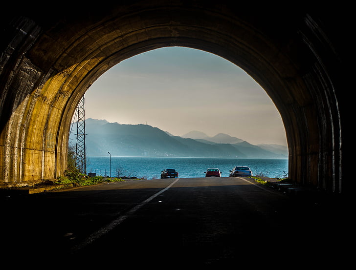 tunnel, landscape, cloud, fog, road, cut, silhouette