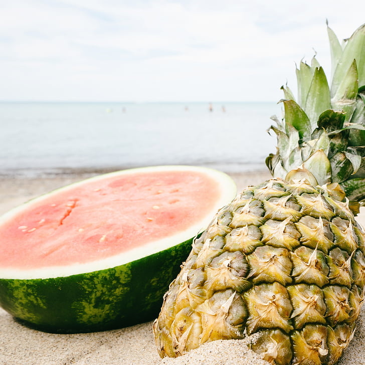 pineapple, sunset, fruit, beach, golden, summer, sand
