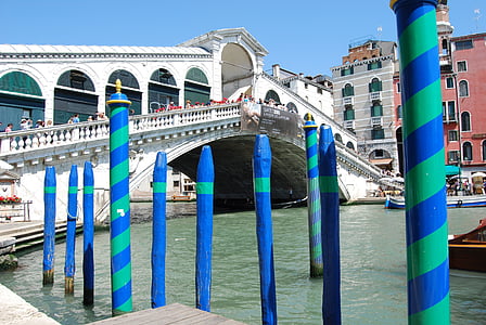Venezia, Bridge, Rialto, Pali, fargerike, tre, blå
