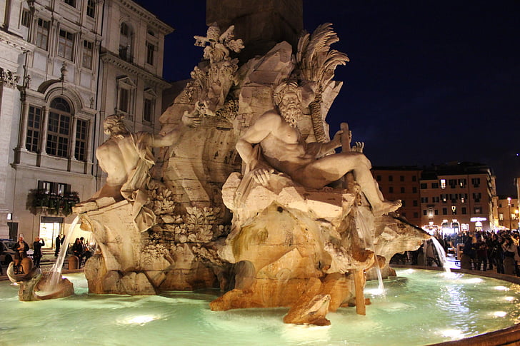 vaizdas naktį, Vatikanas, fontanas, aikštė, Romos, naktį, Architektūra
