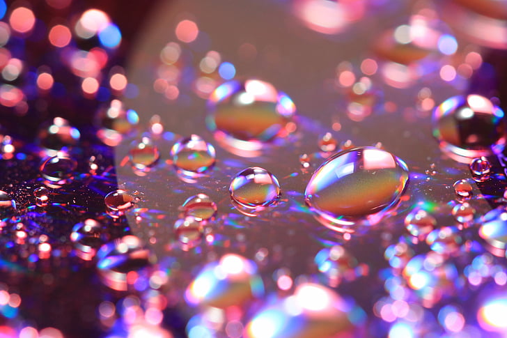 drops of water, bubbles, water, color, reflection