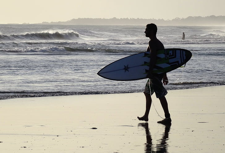 Surfer, Bali, stranden, mot ljuset, surfbräda, surfing, havet
