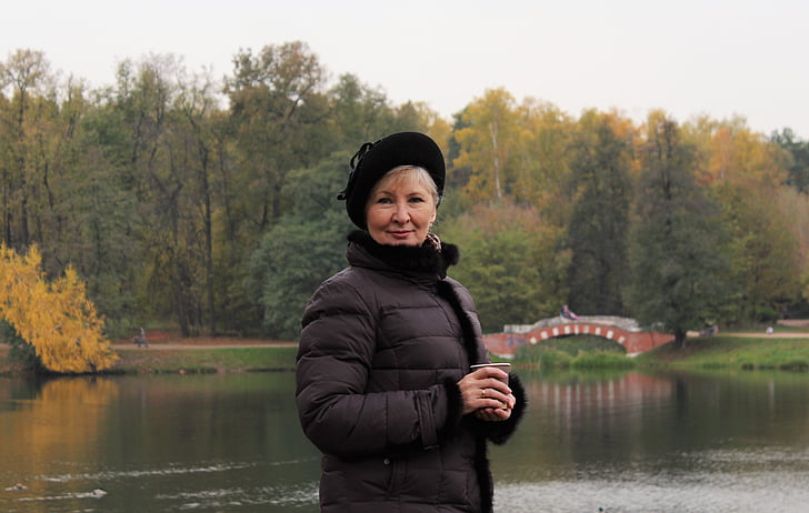 woman, beret, bridge, pond, autumn, coffee, nature