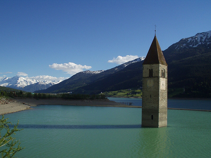 campanario, Iglesia, Lago, bajo el agua, inundado, Ortler, Reschensee