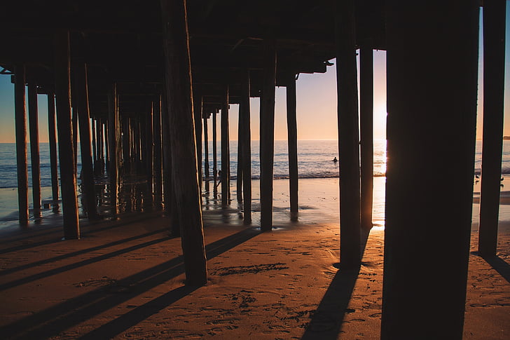 pier, wooden, jetty, underneath, sunset, sunrise, shadows