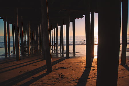 Pier, puinen, laituri, alla, Sunset, Sunrise, varjot