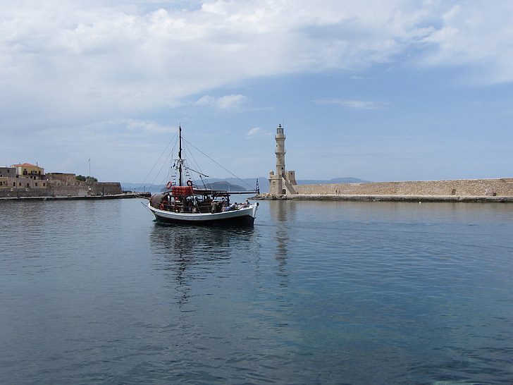 barco, Porto, a chania, Ilha de Creta, Mar Mediterrâneo, Grécia, farol