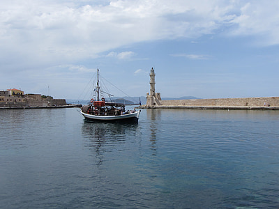 ボート, ポート, ハニア, クレタ島, 地中海, ギリシャ, 灯台