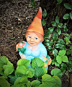 kert gnome, kerti törpe, nő, kis alak, kert, szövet, imp