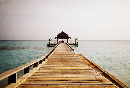 brown, wooden, dock, body, water, sky, pier