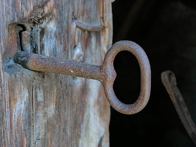 cheie, blocare, usa, vechi, fier, lemn, rustic