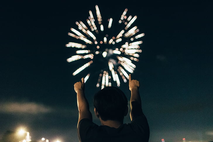 2016, celebrar, celebració, focs artificials, mans, home, any nou