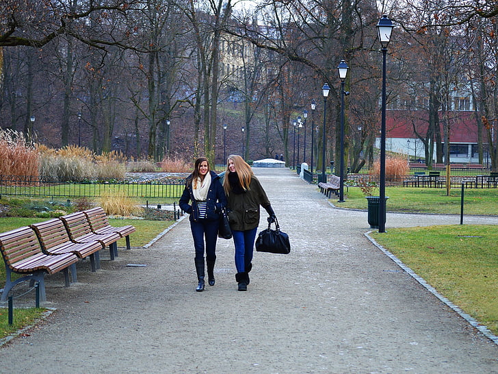 Parque, a pie, feliz, Chicas, caminando, caída, otoño