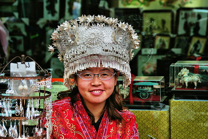 China, minoritate, fată, tradiţionale, costum