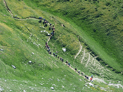 wanderer, caravan, mountains, human snake, in a row, path, hike