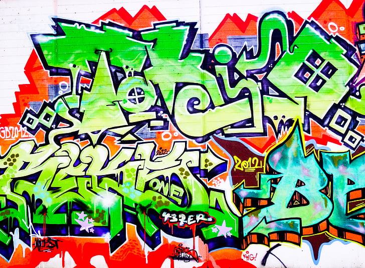 Graffiti, bokstaver, skrift, tekst, dekorasjon, malt, vegg