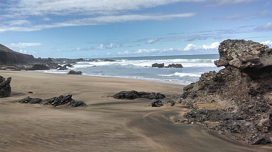 Fuerteventura, Kanarieöarna, stranden, obebodd, vilda, landskap, vågorna