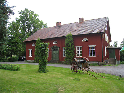 casa, Suécia, zona rural, gramado, carruagem do cavalo, janela, portas