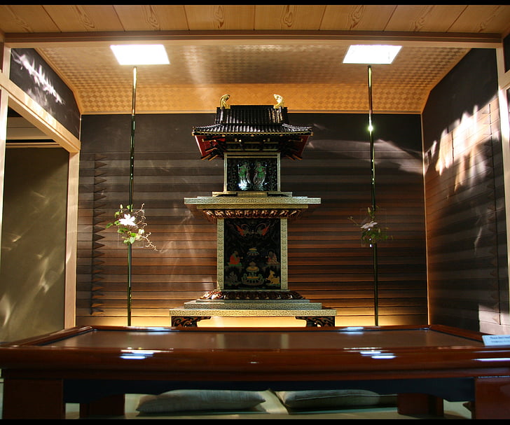 Japón, edificio, ceremonial, sala de, madera, caoba, luces