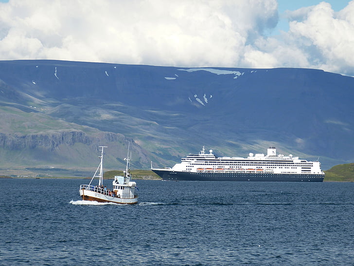 Reykjavik, kruīza kuģis, kruīza, kuģis, zvejas laiva, kalni, pilsēta