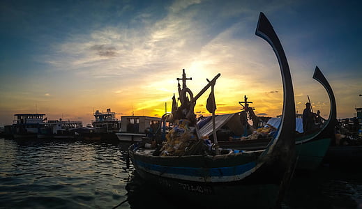 posta de sol, Port, Maldives, oceà, urbà, Mar, blau