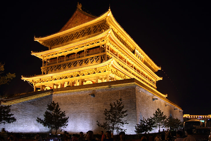 xian, china, temple, building, night, evening, lights