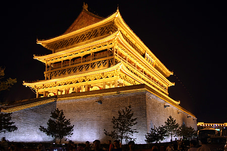 Xian, Kinija, šventykla, pastatas, naktį, vakare, žibintai