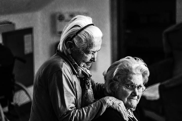 people, old, women, grandmother, black and white, friend, family