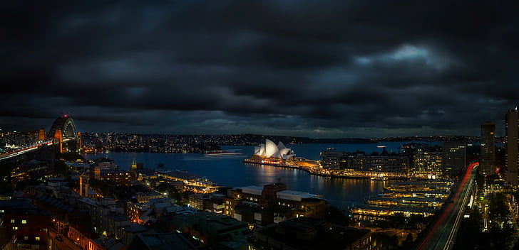 Sydney, Australien, Panorama, natt, kvällen, staden, Urban