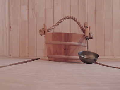 Vasca da bagno, sauna, secchio, paletta, albero