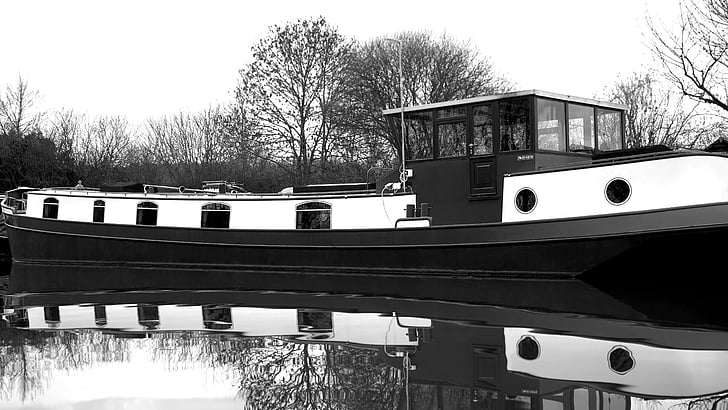 boot, water, vaartuig, reflectie, zwart, wit, vervoer