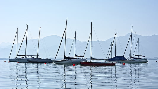 barcos, Lago, Chiemsee, Anchorage, Puerto, agua, muelle
