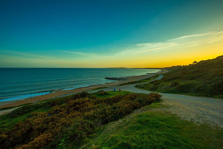 Playa, puesta de sol, país, Highcliffe