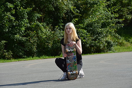 femeie, tineri, sport, desigur, activ, agrement, skateboard