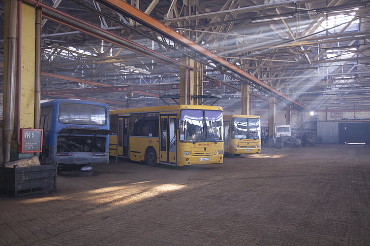 pasażer, Autobus, naprawy, Sklep, roślina, hangar, żółty
