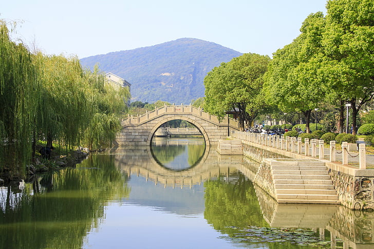 Ponte, acqua corrente, alberi, Wuxi, Cina, fiume, riflessione