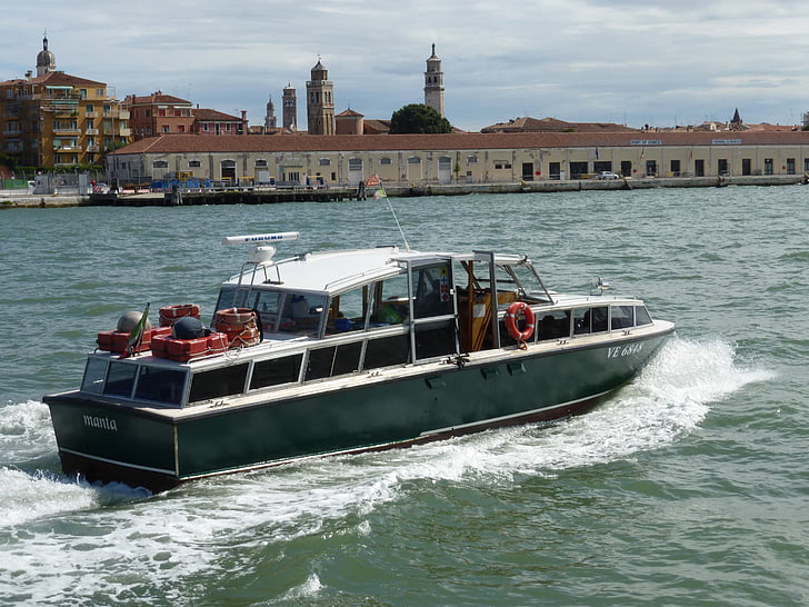 Venedig, kanal, båd, turister, skib